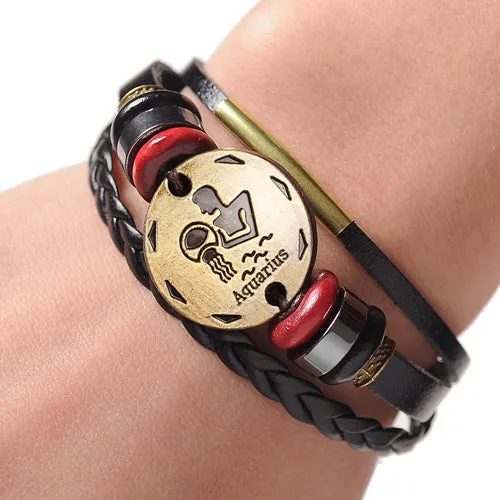 12 Zodiac Signs Cuff Leather Bracelet Men Femme Charms For Women Jewelry Couple Lovers Fits For Original Bracelets & Bangles