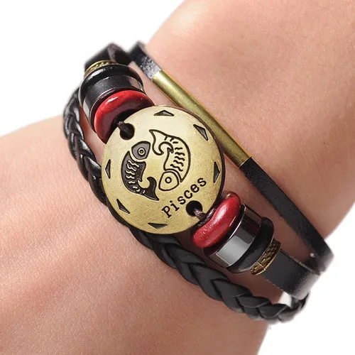 12 Zodiac Signs Cuff Leather Bracelet Men Femme Charms For Women Jewelry Couple Lovers Fits For Original Bracelets & Bangles