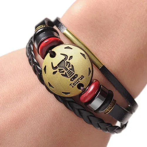 12 Zodiac Signs Cuff Leather Bracelet Men Femme Charms For Women Jewelry Couple Lovers Fits For Original Bracelets & Bangles