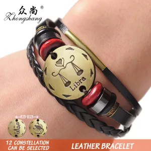 12 Zodiac Signs Cuff Leather Bracelet Men Femme Charms For Women Jewelry Couple Lovers Fits For Original Bracelets & Bangles