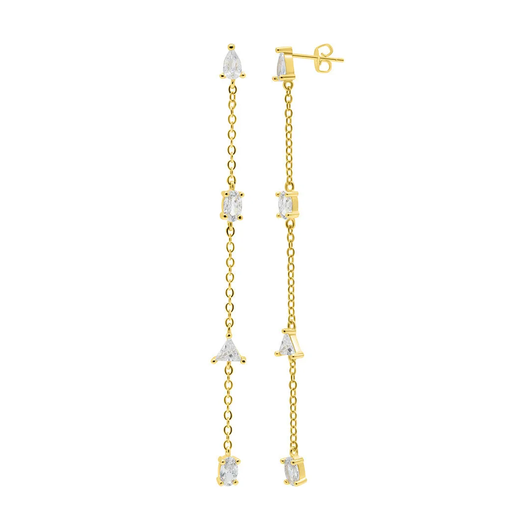 14K Gold Plated Chain Sweeper Earrings with Mixed Shape Stones