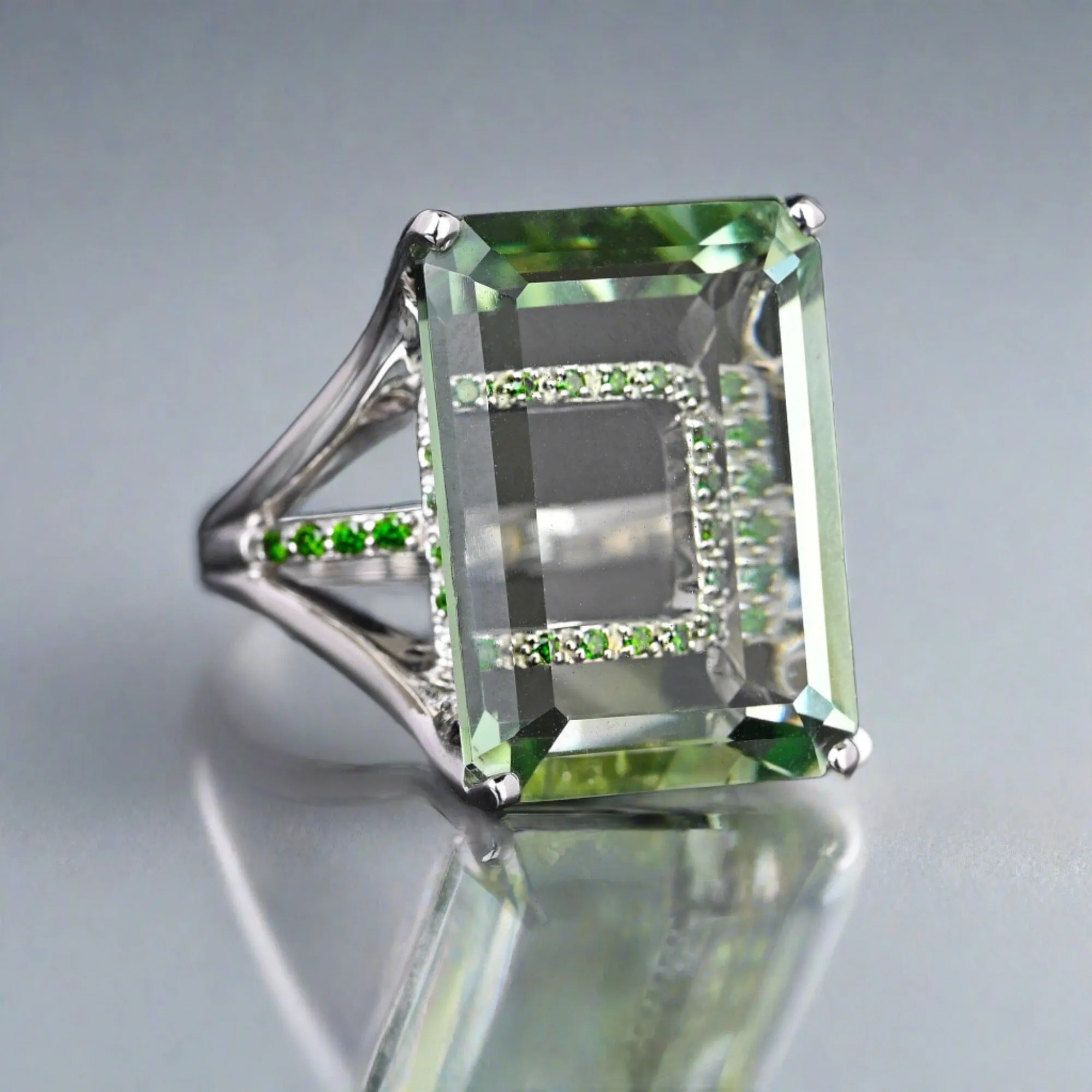 14K White Gold Green Diamond Underpass Prasiolite Ring