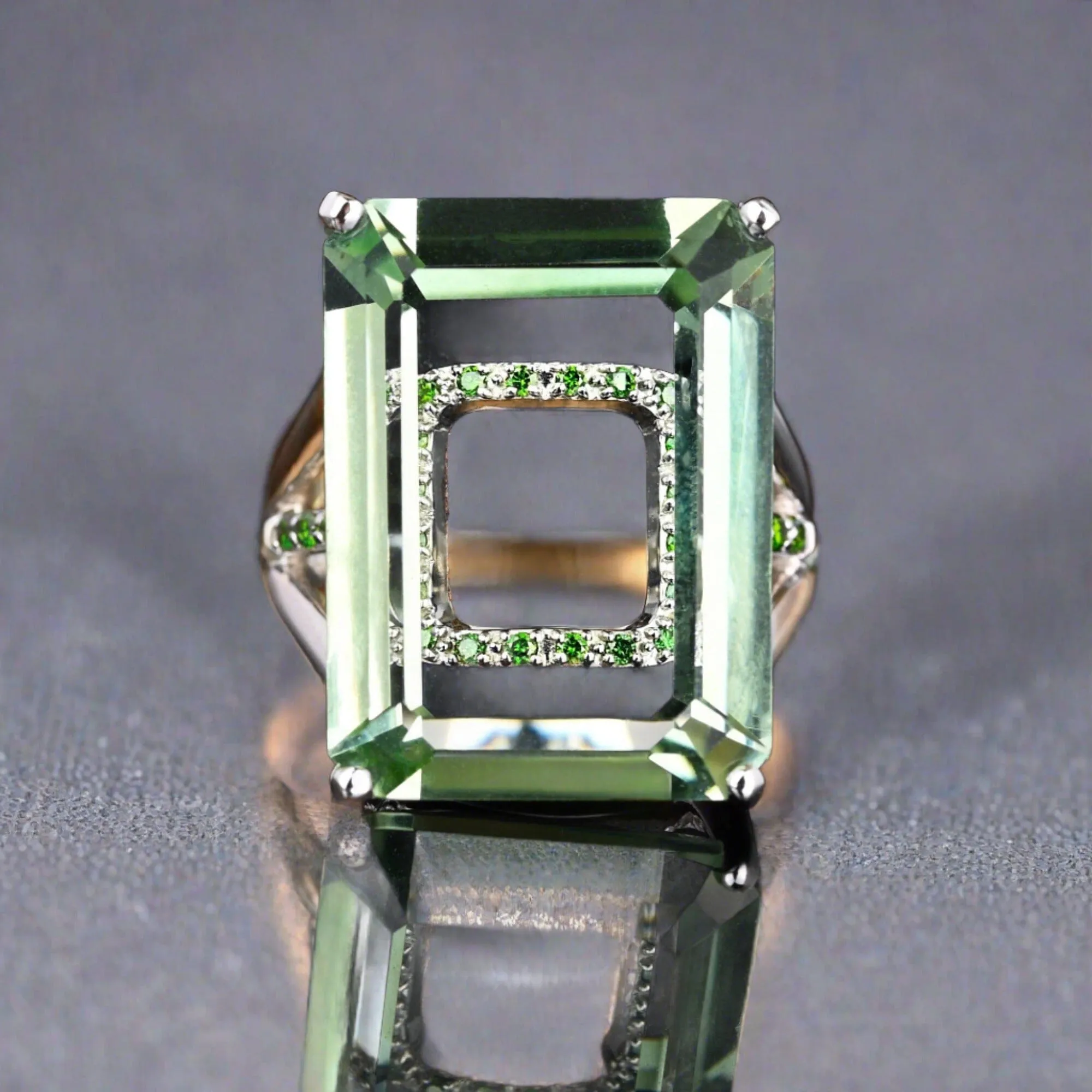 14K White Gold Green Diamond Underpass Prasiolite Ring