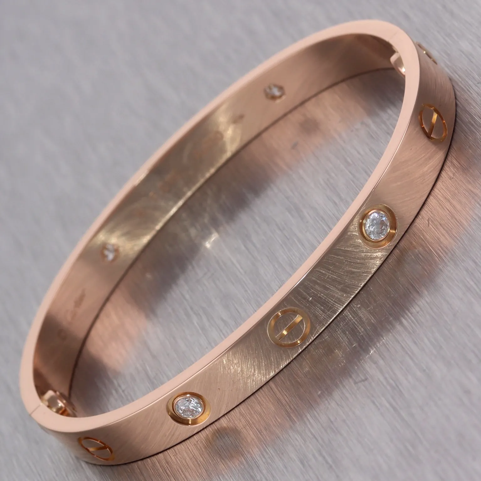 2018 Cartier 18k Rose Gold 4 Diamond Love Bangle Bracelet Size 16