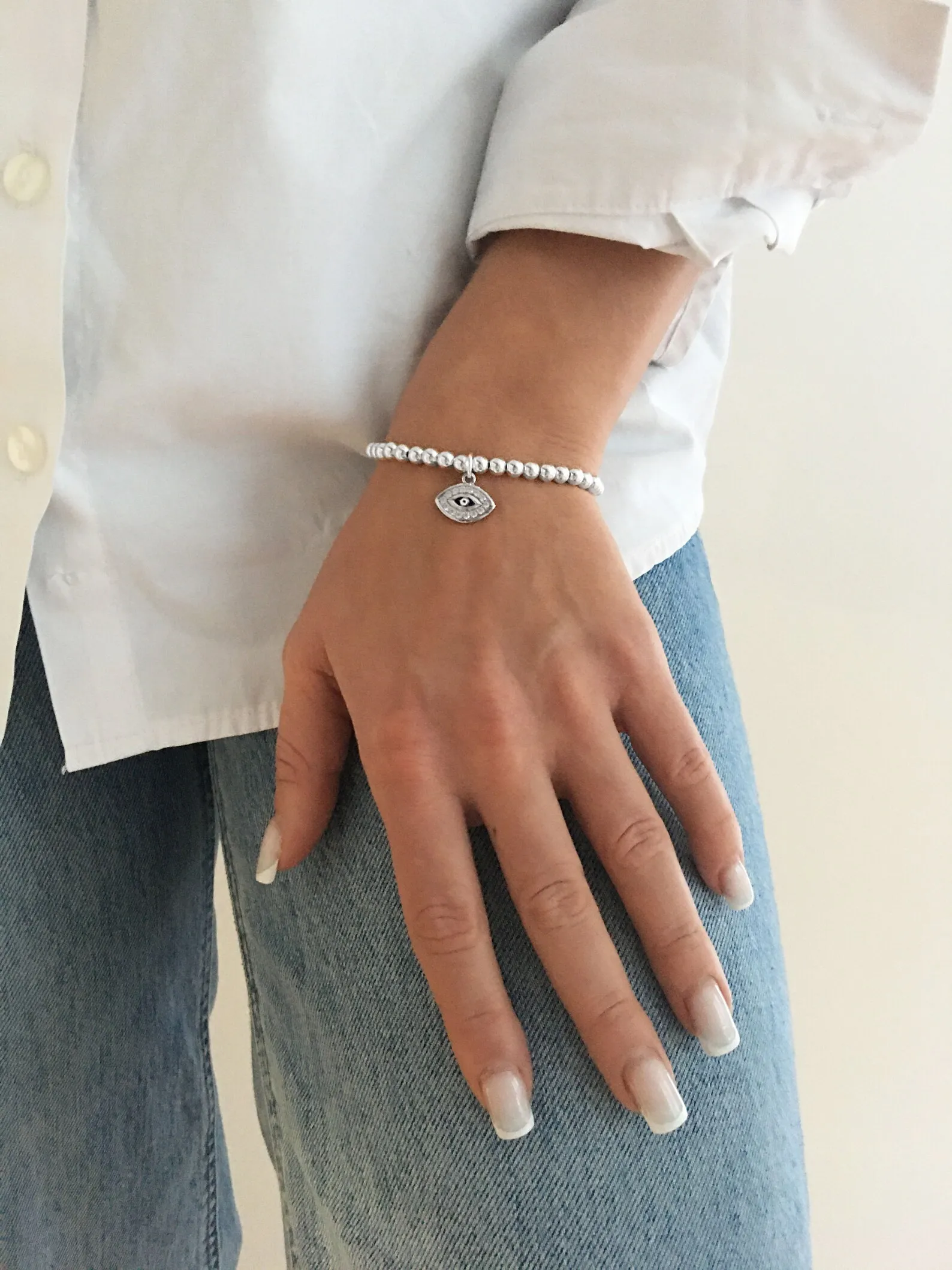 925 Sterling Silver Bracelet w CZ Evil Eye Charm, Evil Eye Bracelet, Stacked Bracelets, Evil Eye