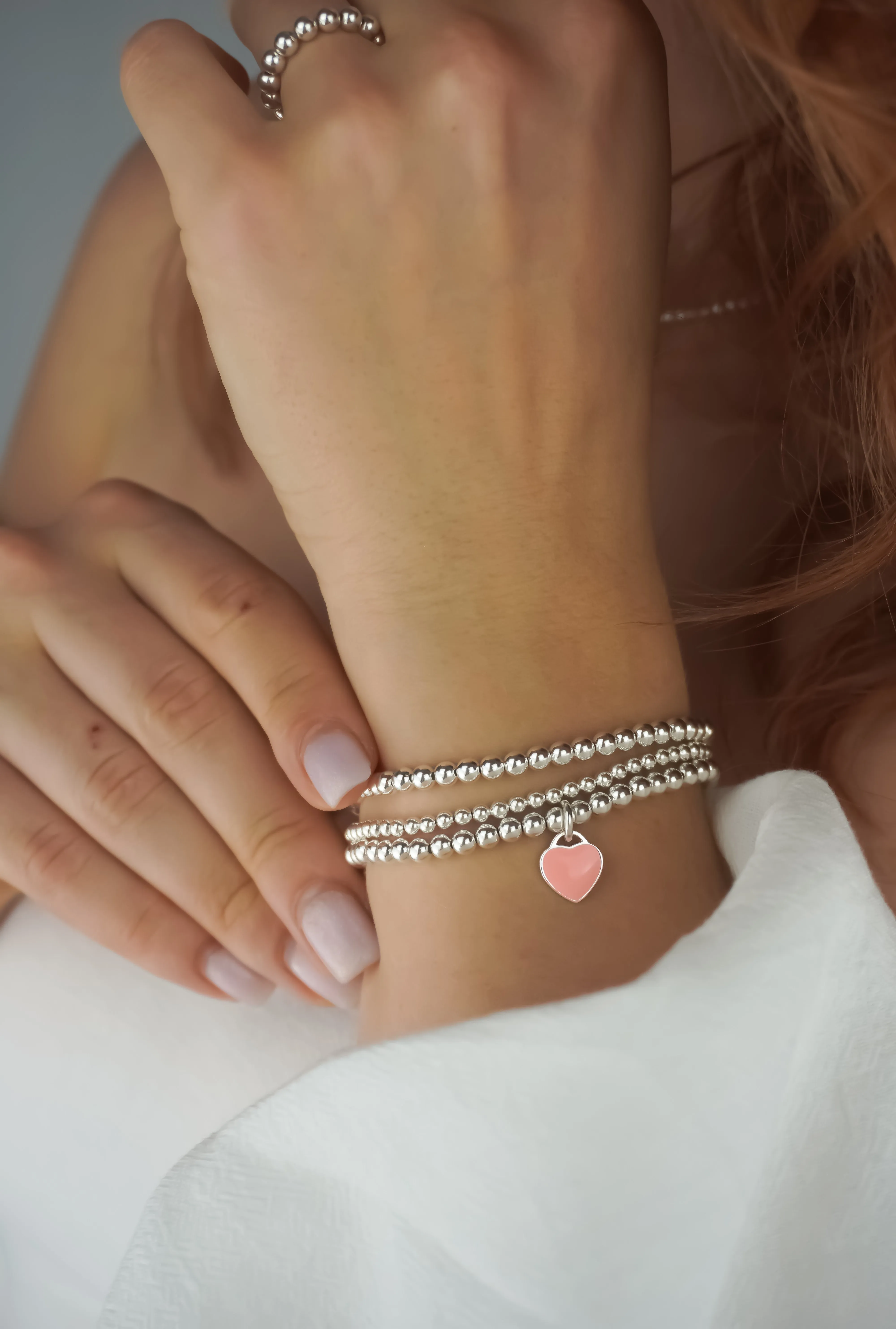 925 Sterling Silver Pink Heart Charm Bracelet, Pink Heart Charm Bracelet, Heart Charm Bracelet