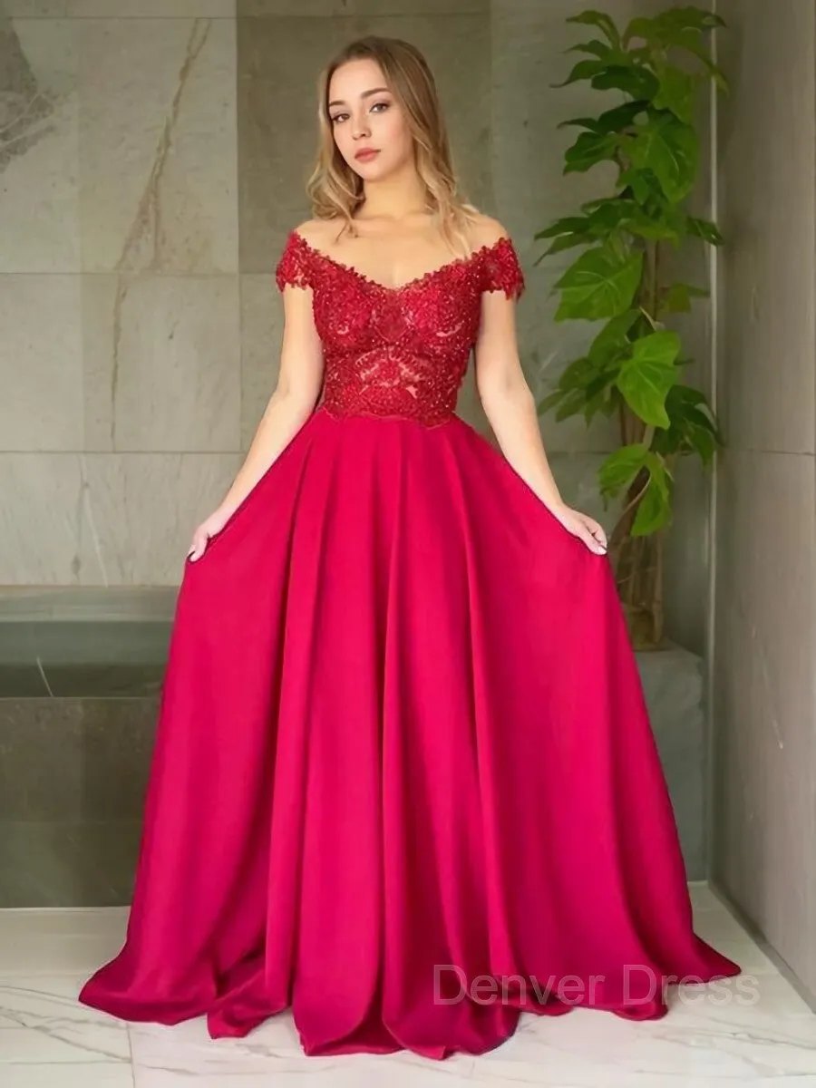 A-Line Off-the-Shoulder Sweep Train Elastic Woven Satin Evening Dresses With Appliques Lace