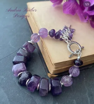 Amethyst gemstone, chunky, silver metal, bracelet.