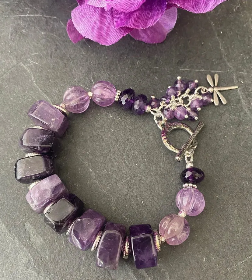 Amethyst gemstone, chunky, silver metal, bracelet.