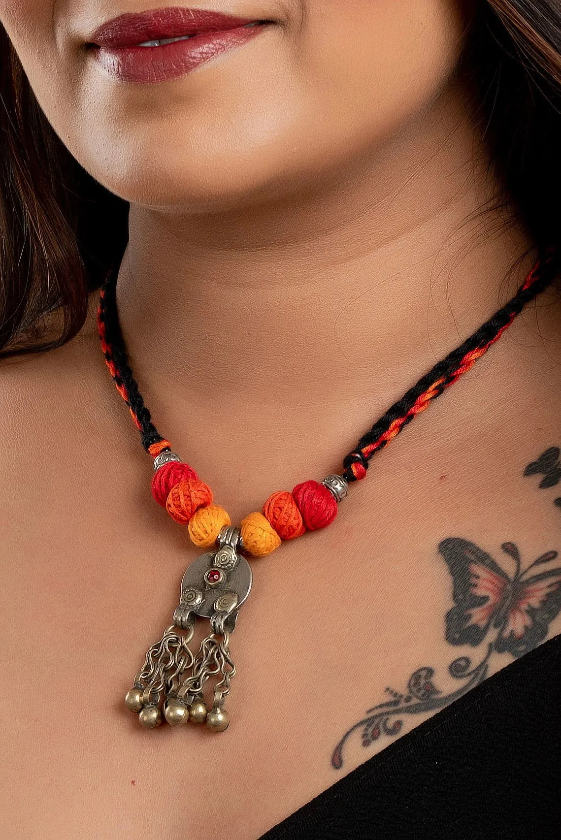 Authentic Handmade Afghan Jewelry Coin Necklace with Saffron Thread Balls & Adjustable Dori