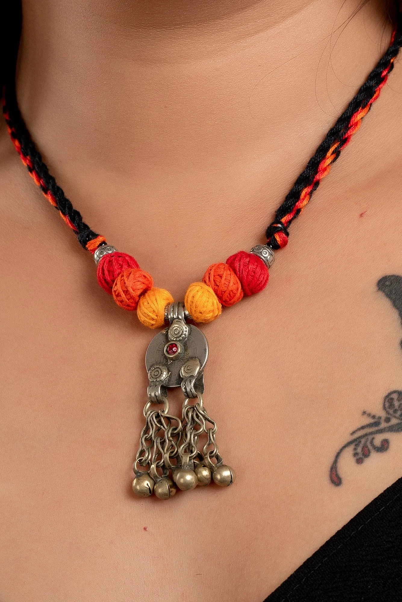 Authentic Handmade Afghan Jewelry Coin Necklace with Saffron Thread Balls & Adjustable Dori