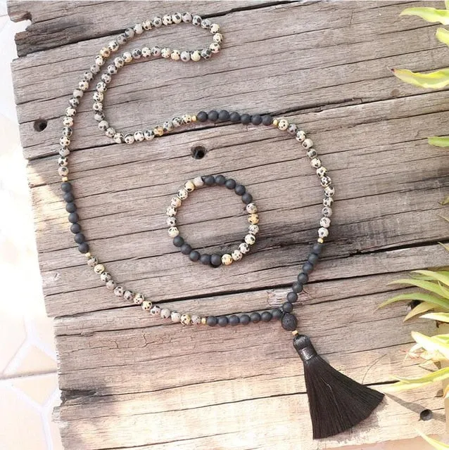 Black Onyx & Lava Bracelet/Necklace/Mala Set