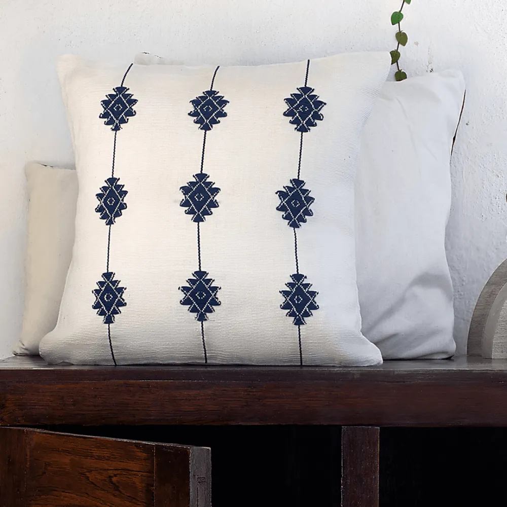 Blue on White Floral Handwoven Cushion Cover