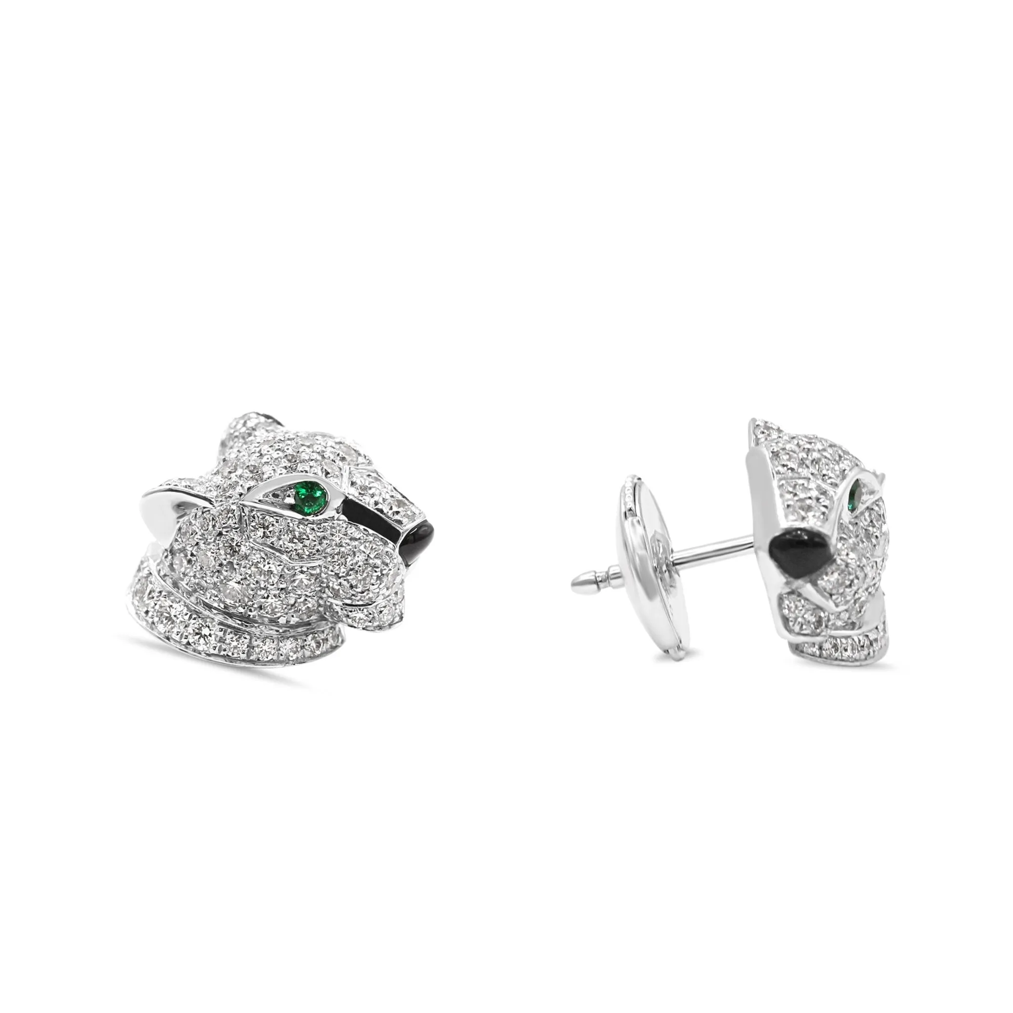 Cartier 'Panthere De Cartier' Diamond, Emerald & Onyx Earrings - 18ct White Gold