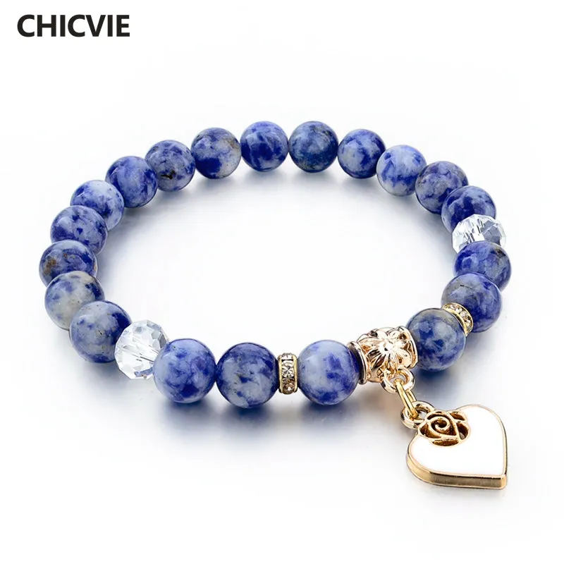 CHICVIE Boho Natural Stone Bracelets For Women Gold color Heart Love Bracelets & Bangles With Stones Ethnic Jewelry SBR150344