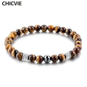 CHICVIE Tiger Eye Natural Beads Men Strand Bracelets & Bangles Silver color Bracelets With Stones Brand Jewelry SBR160124