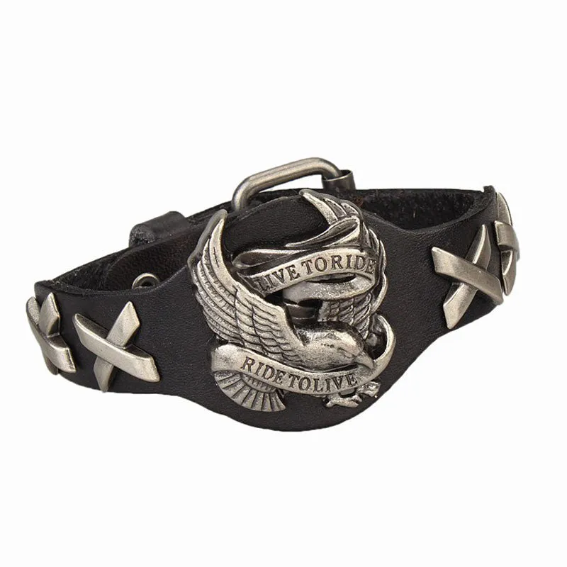 Cool Men Women Punk Harley Rider Genuine Leather Wrap Bracelet Live To Ride Fashion Multicolor Eagle Charm Bracelet Wristband