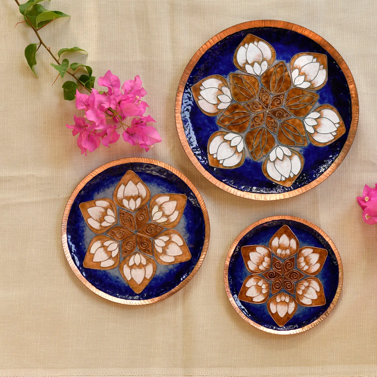 Copper Enamelled Hand Painted White Lotus Wall Plate