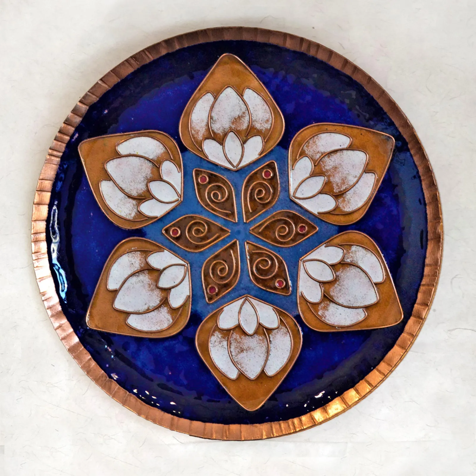 Copper Enamelled Hand Painted White Lotus Wall Plate