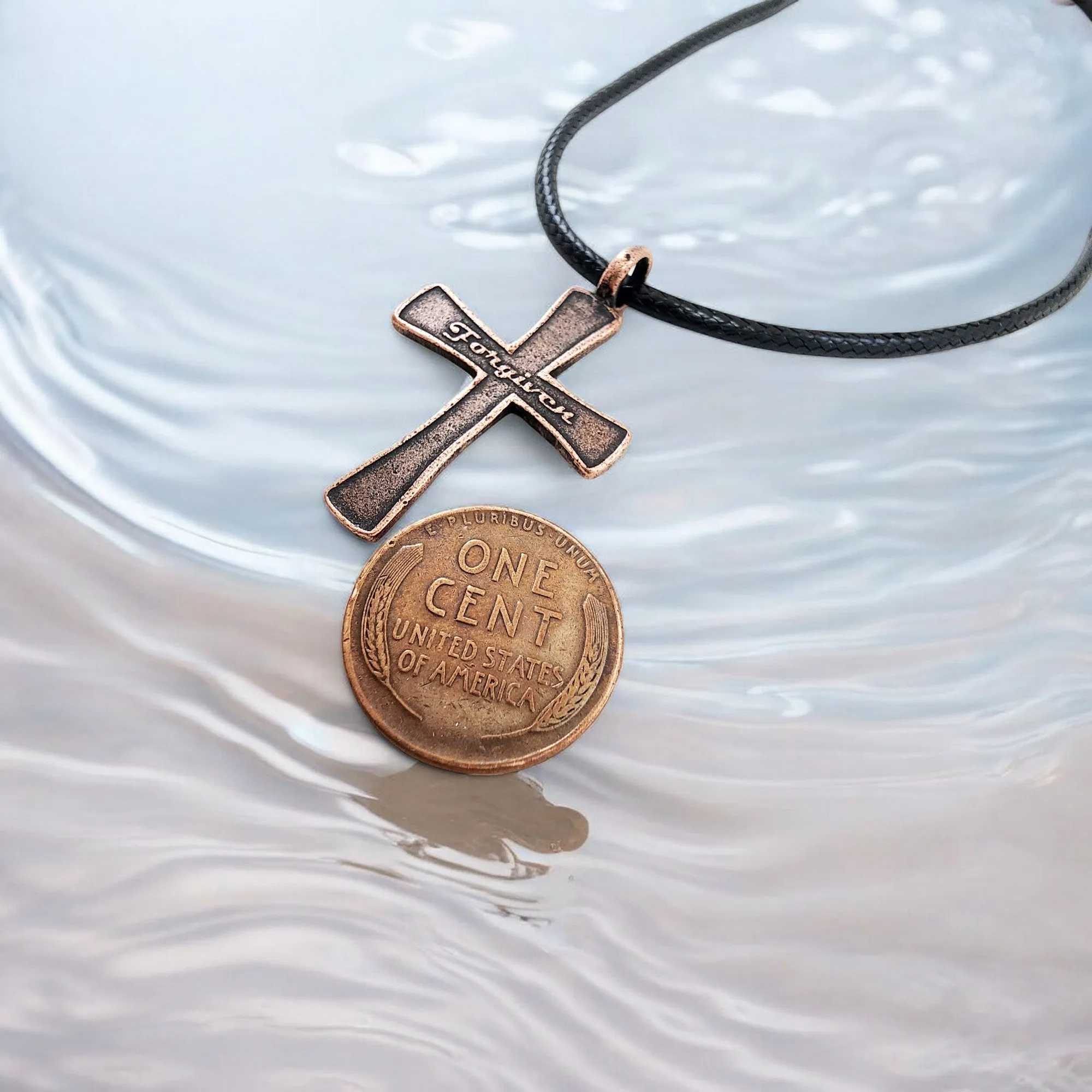 Forgiven Cross Antique Copper Metal Finish Black Cord Necklace