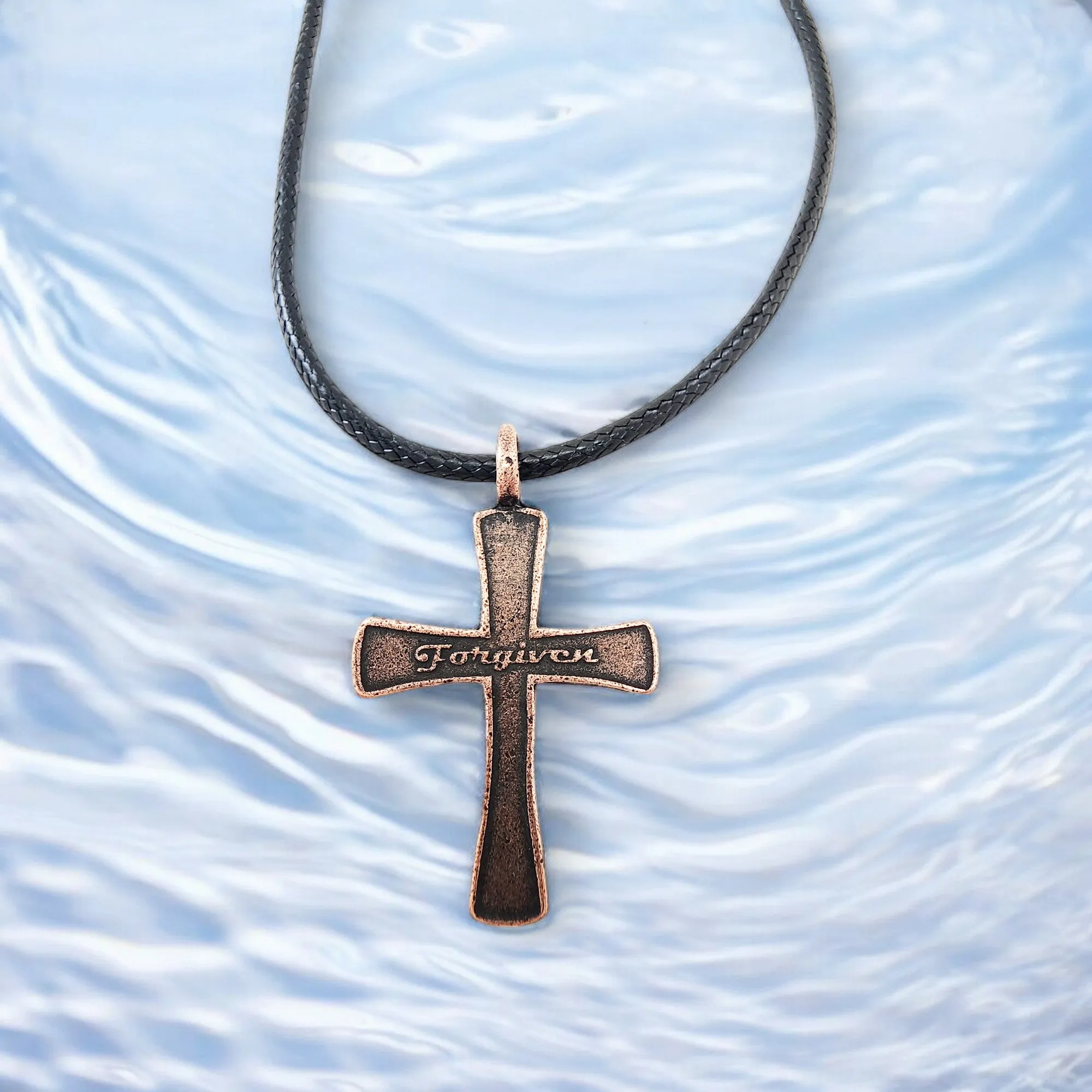 Forgiven Cross Antique Copper Metal Finish Black Cord Necklace