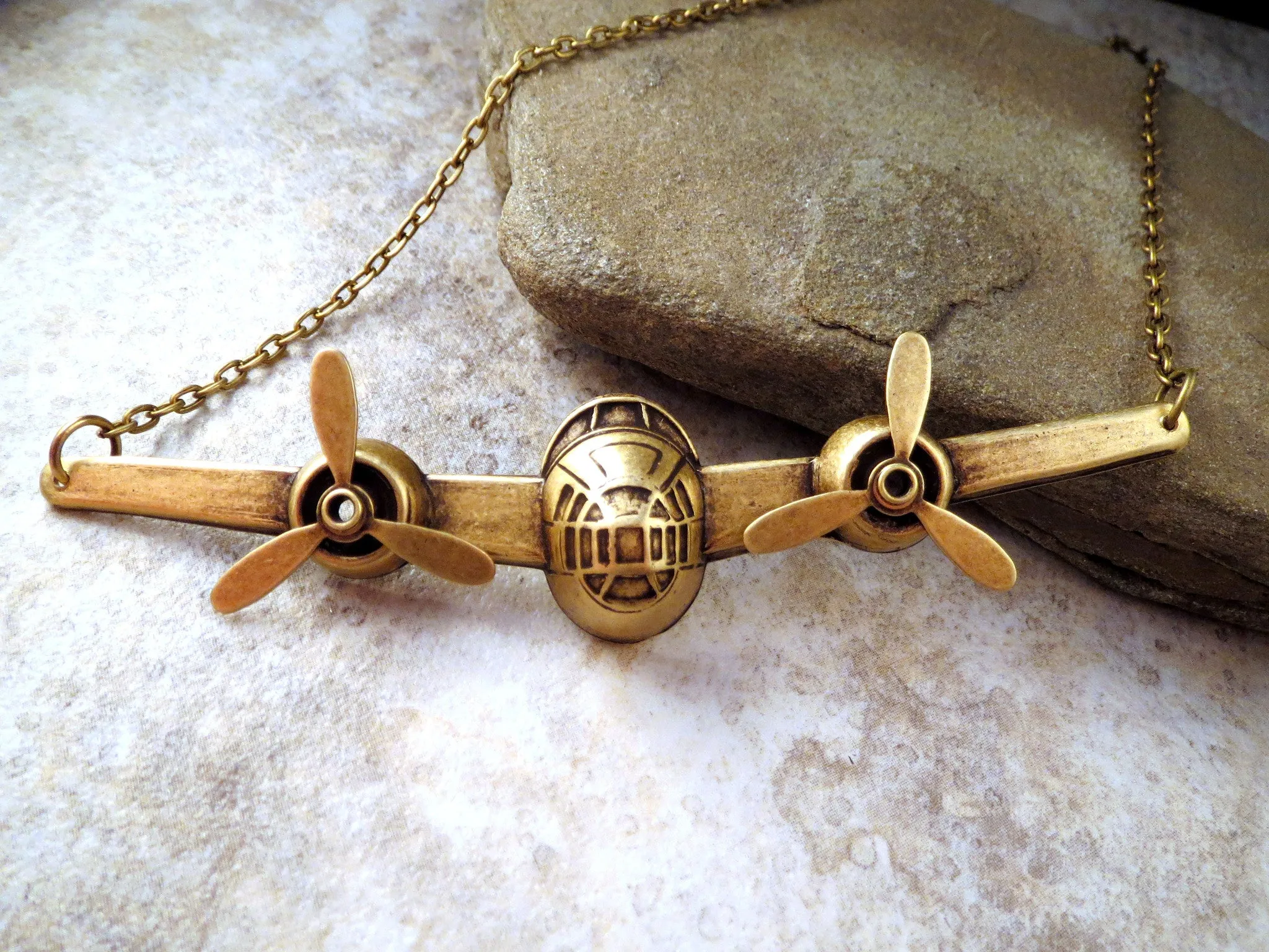 Handmade Steampunk Oxidized Brass Airplane Necklace With Propellers