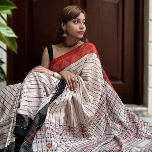 Handwoven Kotpad Cotton Saree in Off-white, Rust & Black