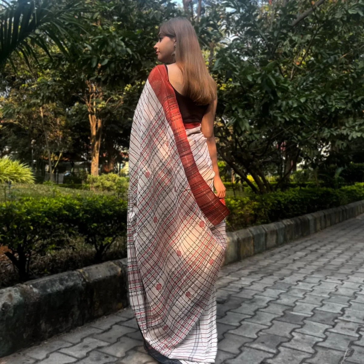 Handwoven Kotpad Cotton Saree in Off-white, Rust & Black