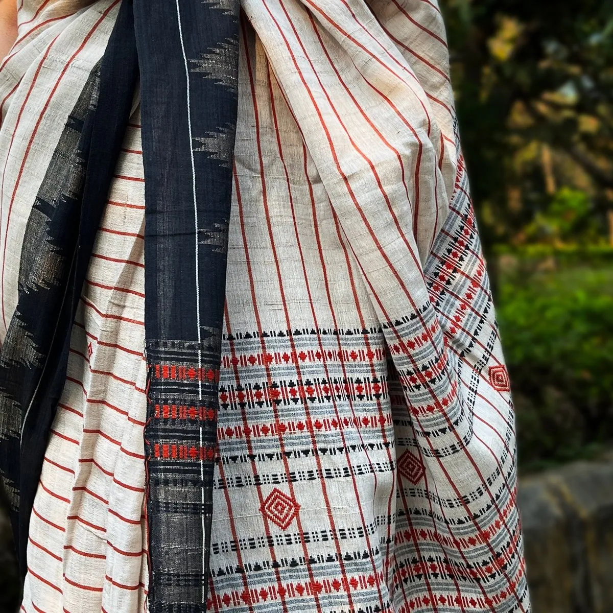 Handwoven Kotpad Cotton Saree in Off-white, Rust & Black