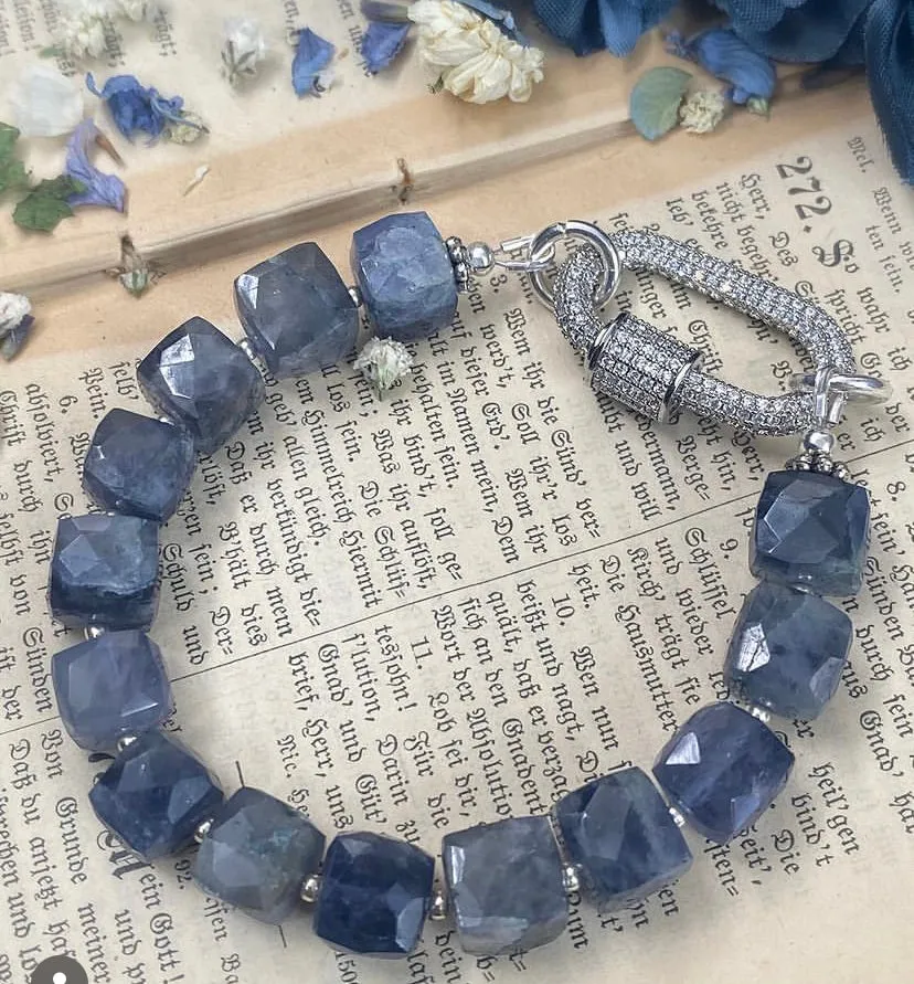 Iolite gemstone and rhinestone, silver clasp, bracelet