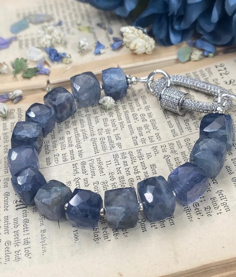 Iolite gemstone and rhinestone, silver clasp, bracelet