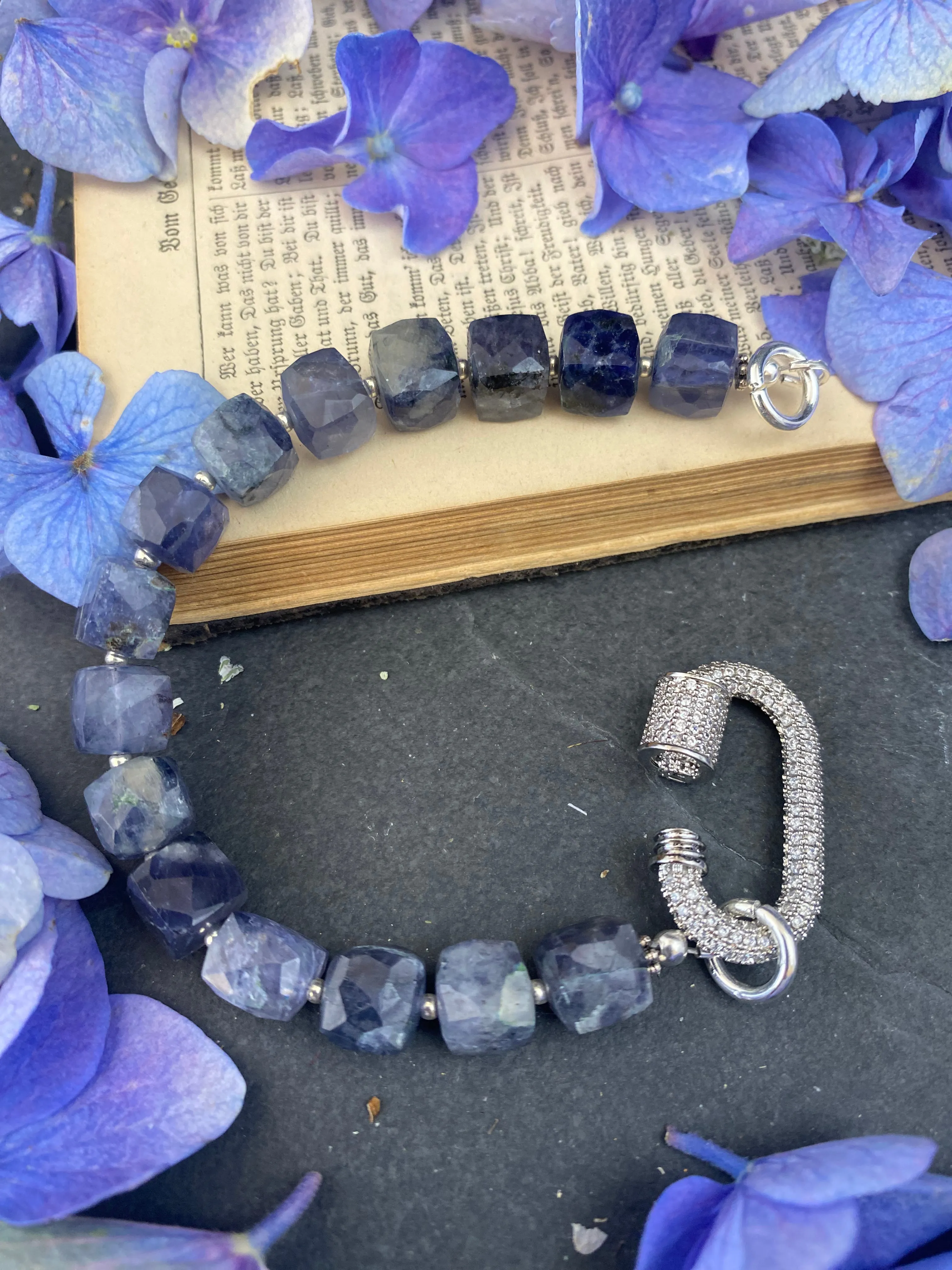 Iolite gemstone and rhinestone, silver clasp, bracelet