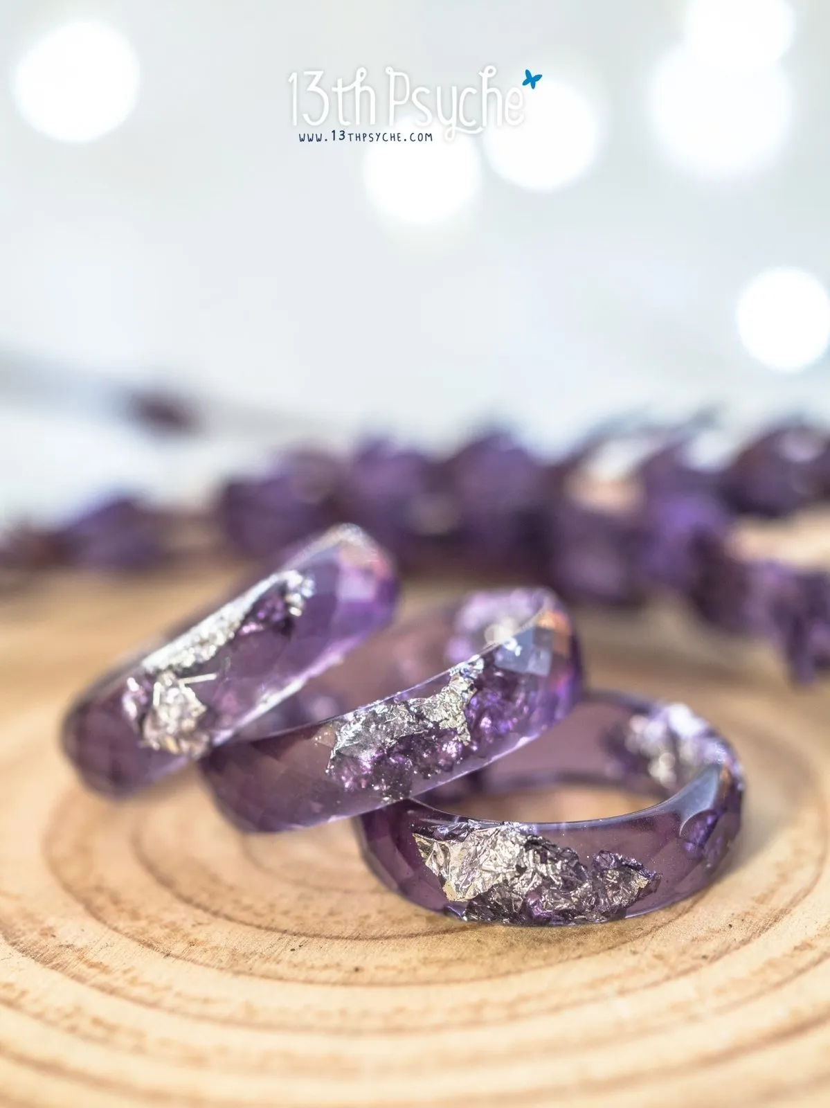 Lavender and silver flakes faceted resin ring