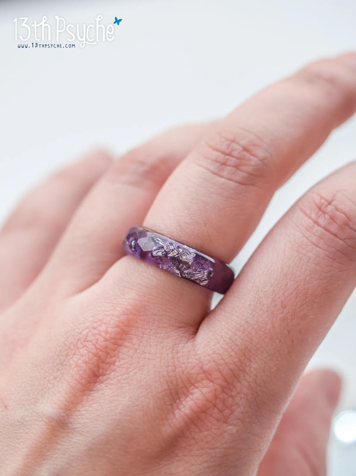 Lavender and silver flakes faceted resin ring