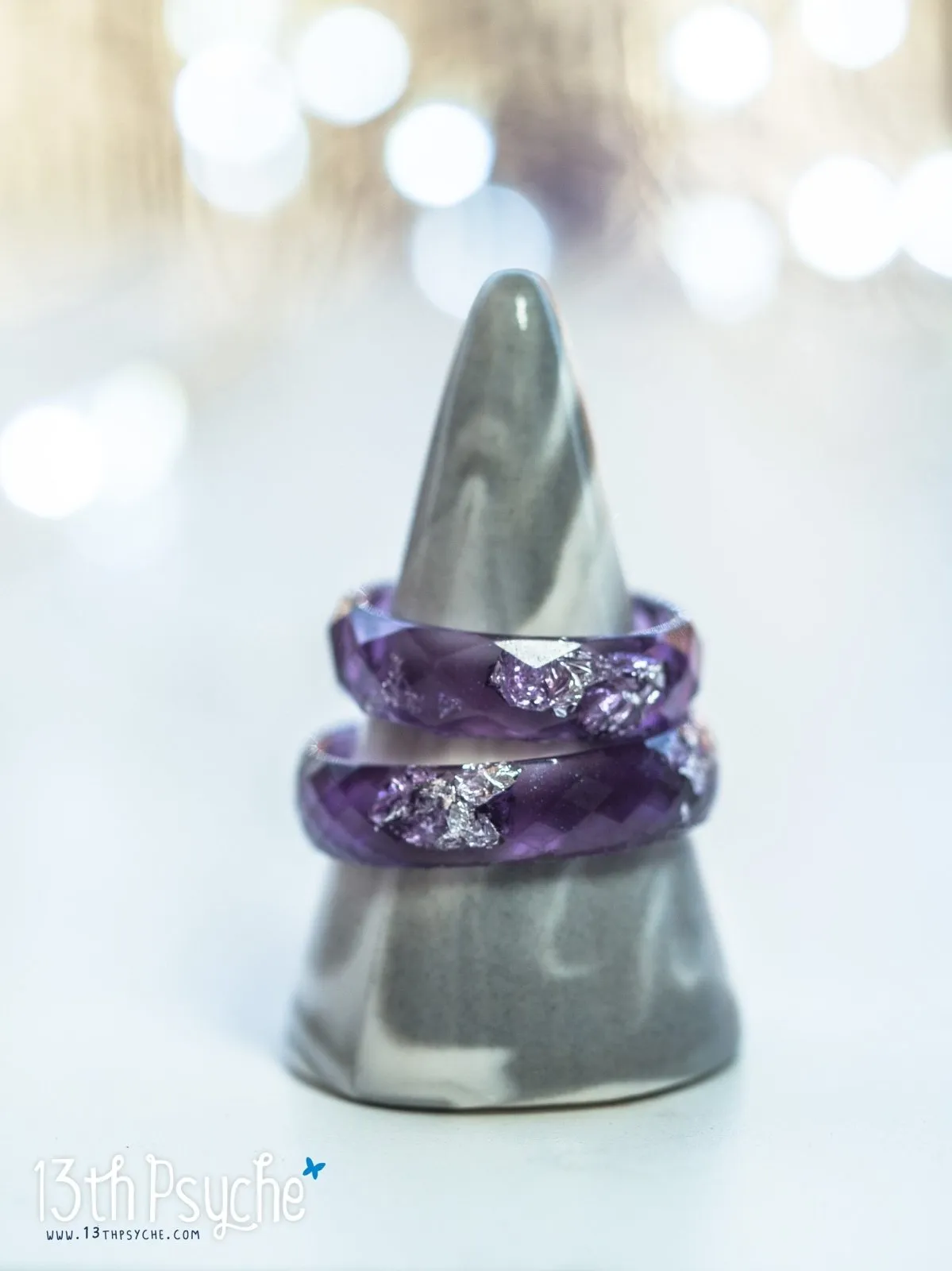 Lavender and silver flakes faceted resin ring