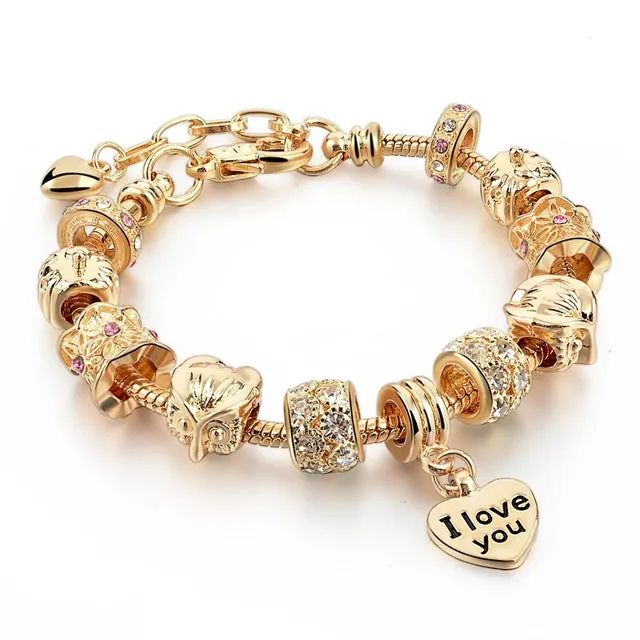 MELIHE Crystal Heart Charm Bracelet For Women Gold Bracelets Bangles Female Jewelry SBR160059