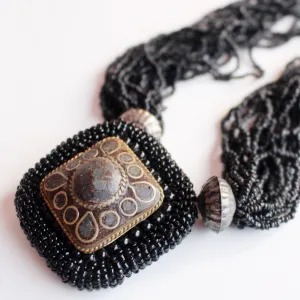 Multi Strand Black Glass Beads Crocheted Tibetan Pendant Necklace