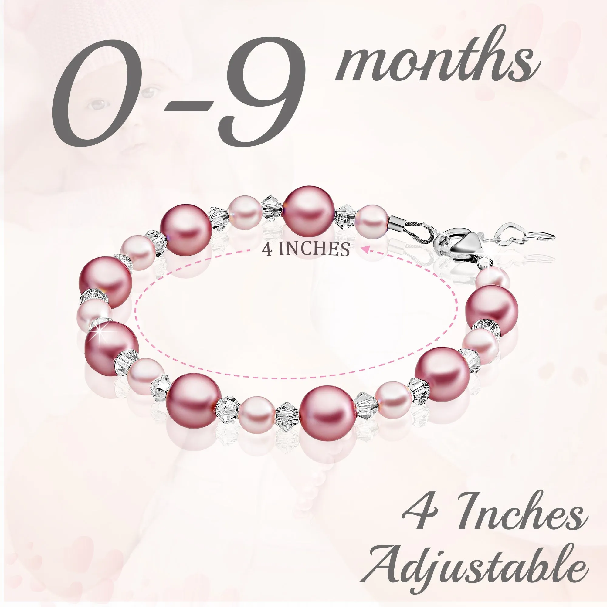 NewBorn Baby Girl Bracelet with Rose & Pink Pearls & Clear Crystals