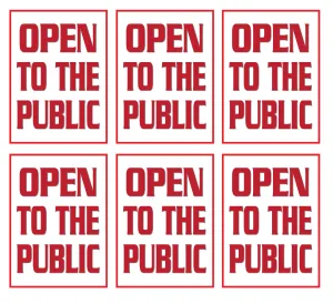 Open to the Public Store Window Display Paper Signs; 18w x 24h - 6 Pack