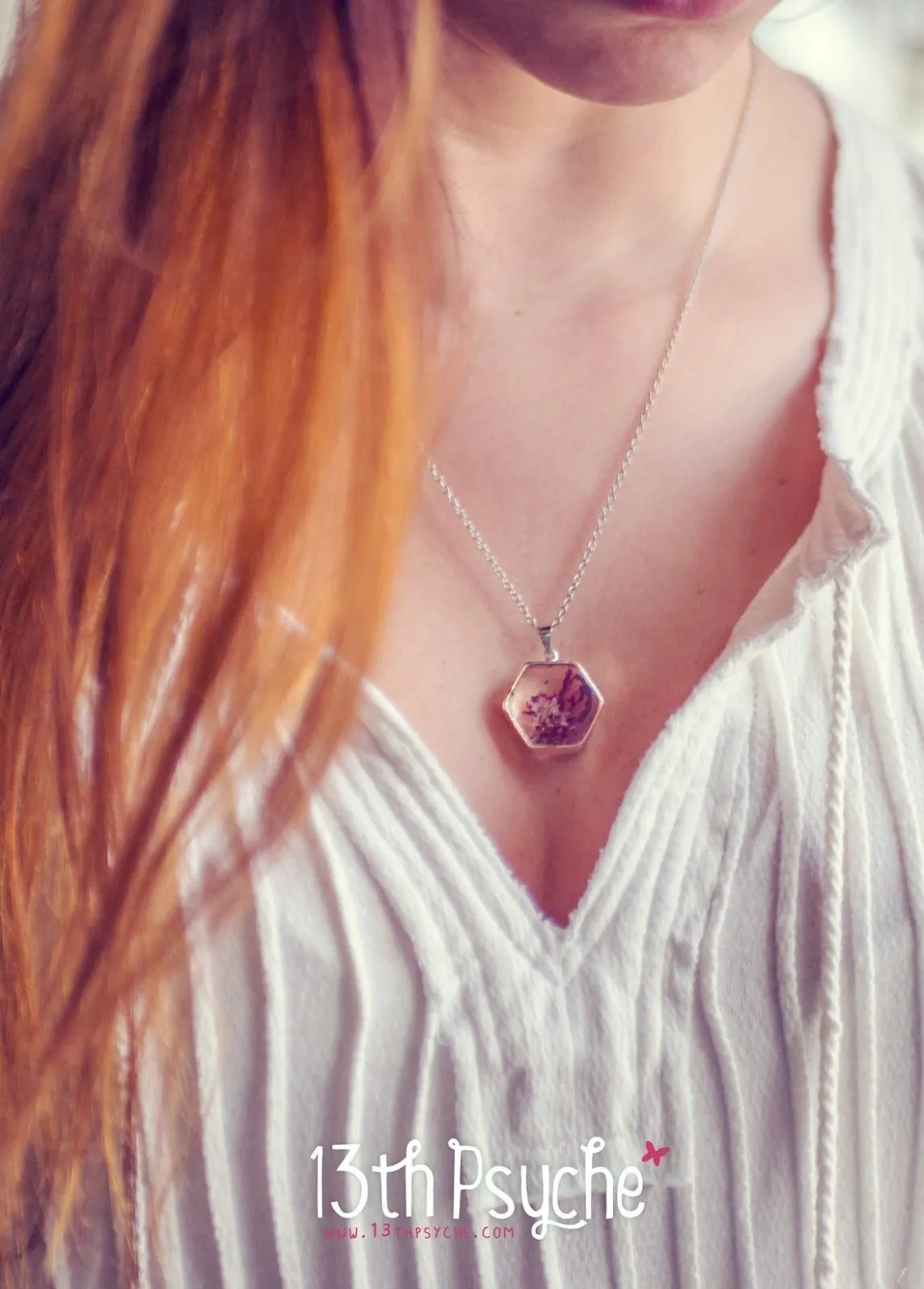 Real dried flower hexagon pendant necklace