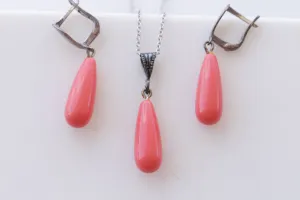 Red Coral Necklace Earrings Set