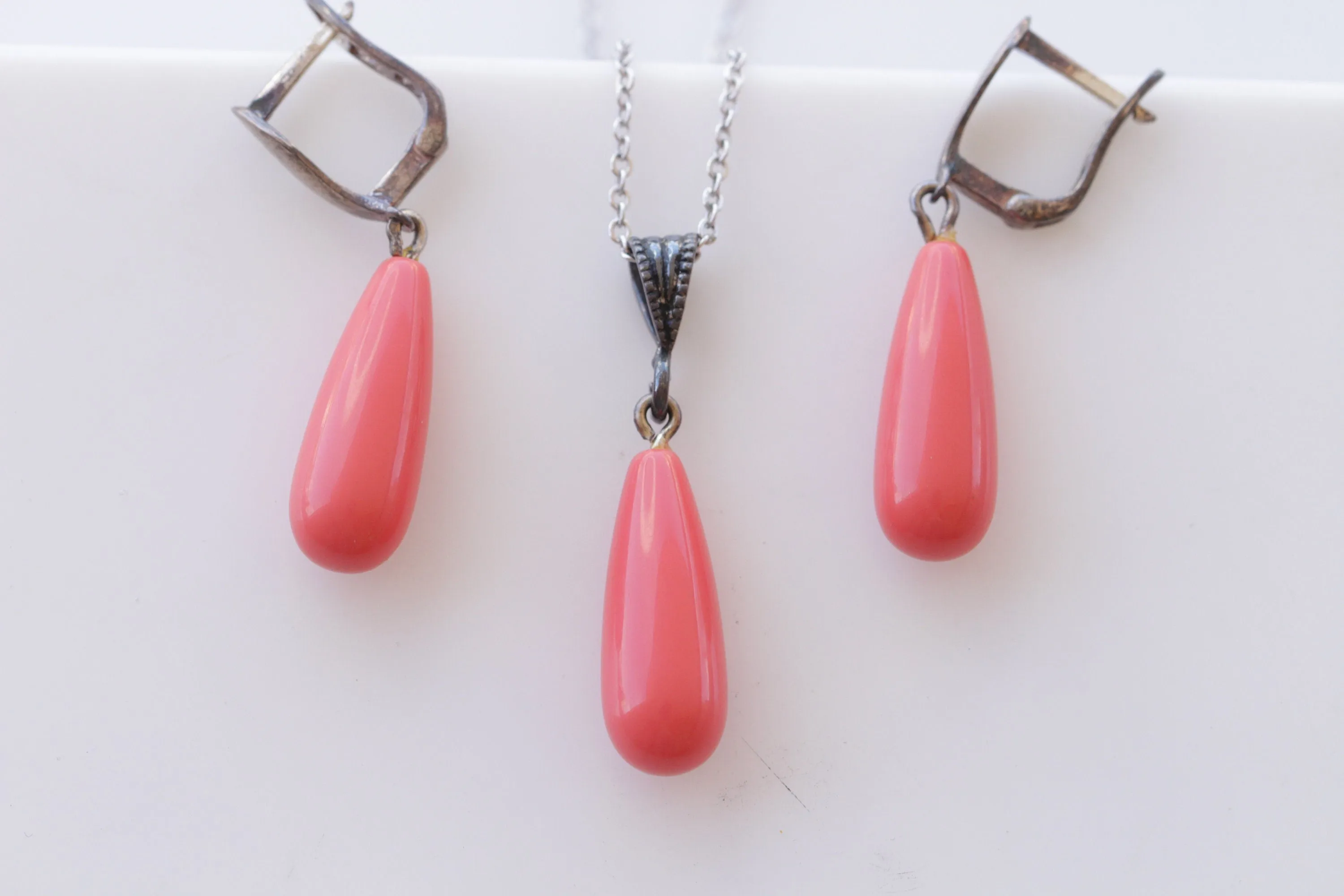 Red Coral Necklace Earrings Set