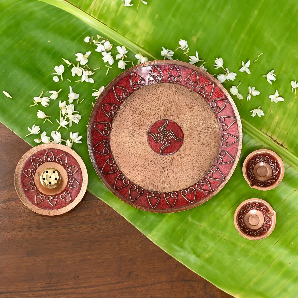 Red Handcrafted Copper Assorted Puja Set