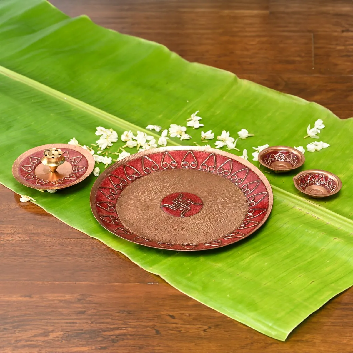 Red Handcrafted Copper Assorted Puja Set