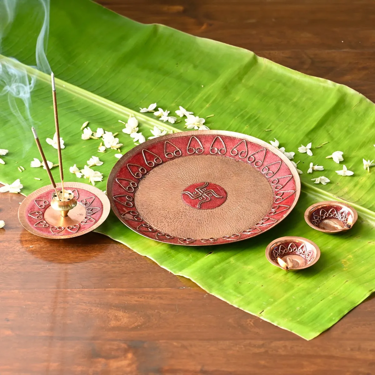 Red Handcrafted Copper Assorted Puja Set