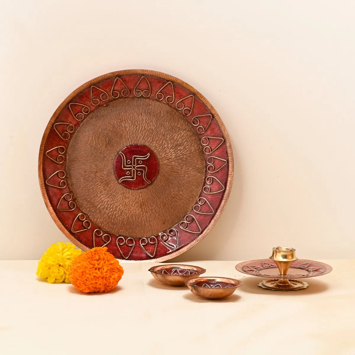 Red Handcrafted Copper Assorted Puja Set