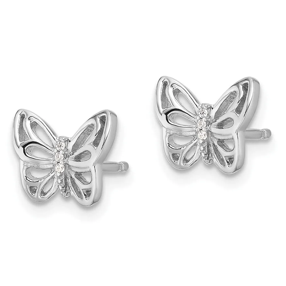 Rhodium-plated Sterling Silver CZ Butterfly Post Earrings