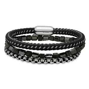 SteelTime Men's Black Leather and Stainless Steel Bracelets with Haematite and Lava Stone