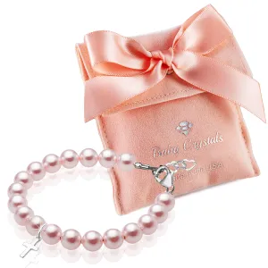 Sterling Silver Cross Charm Pink Pearl Bracelets for Girls - Baptism Gifts