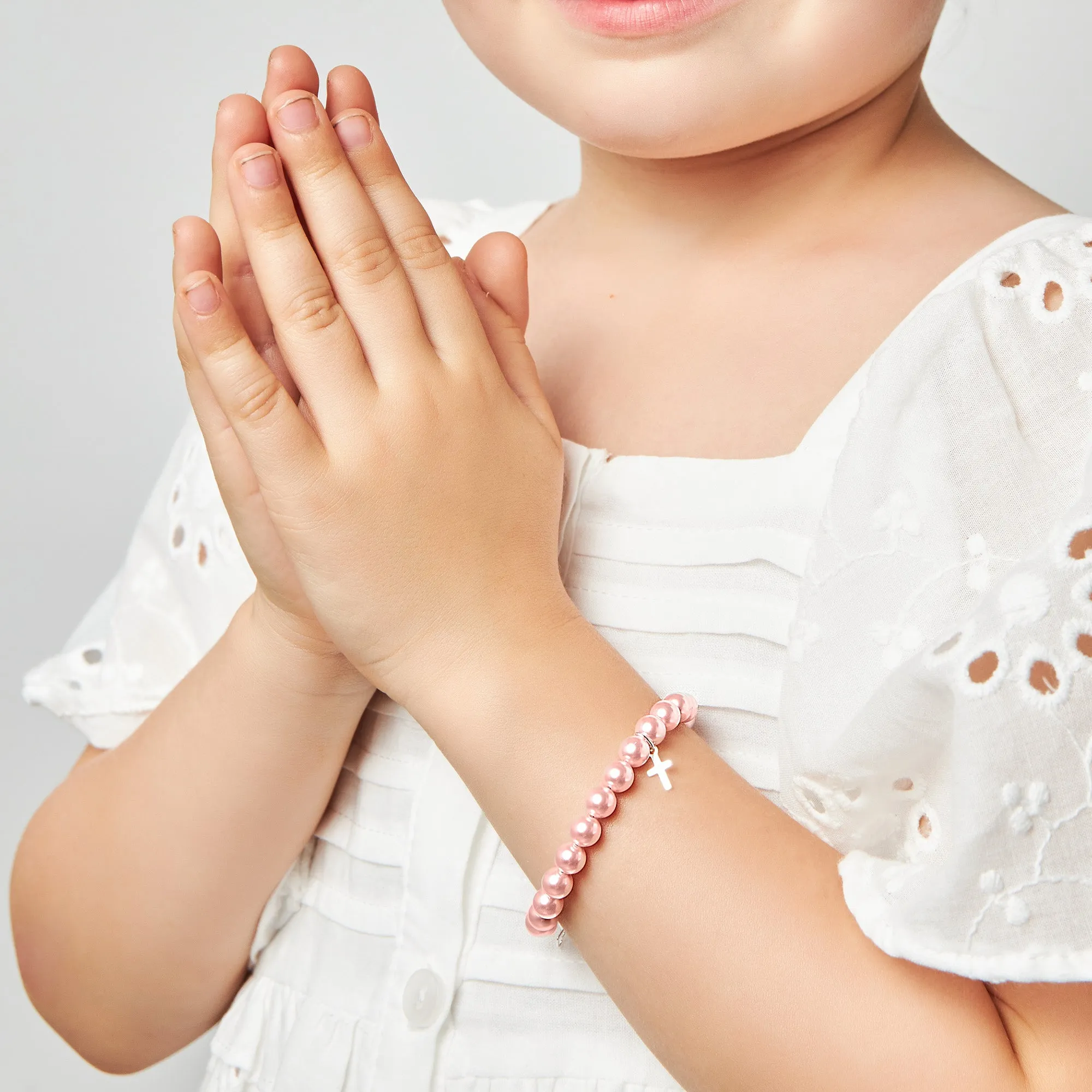 Sterling Silver Cross Charm Pink Pearl Bracelets for Girls - Baptism Gifts